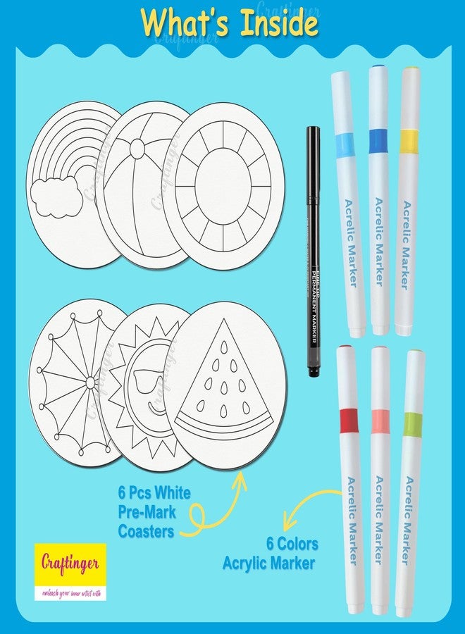 Craftinger Sunny Beach Coaster Painting Kit for Kids & Adults | 6 Pre-Marked Coasters with 6 Acrylic Markers | DIY Painting Art & Craft Set for Boys & Girls | Children Gift for Boys & Girls, Home, Office, Activity, Coloring Tea Cup Table Birthday Kitchen - Image 2